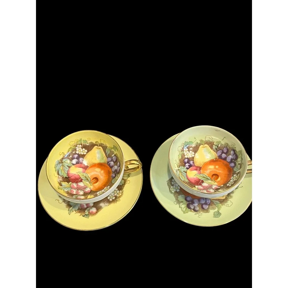 Vintage Footed Teacup and Saucer Set Fruit Still Life Porcelain 2pc Japan